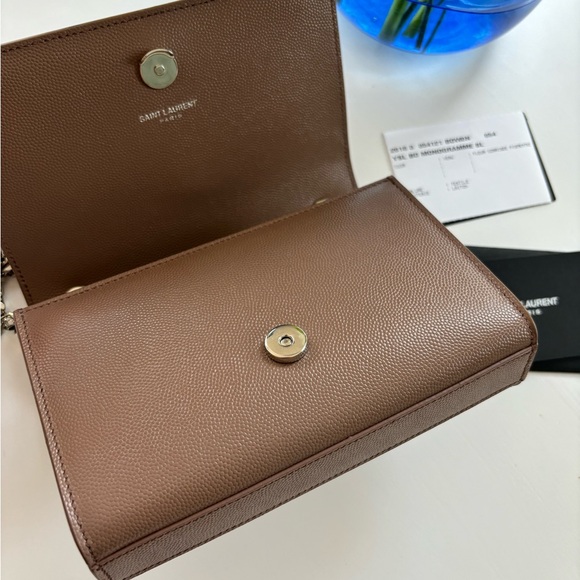 YSL Small Kate Leather Chain Flap Bag Grained Crossbody Taupe Brown Fleur - Picture 5 of 10